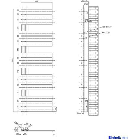 EMKE Sèche-serviettes à Eau Chaude Panneau Plat, Sèche-serviettes connexion latérale pour, Blanc 1320x400mm 570Watts