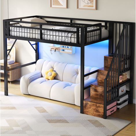 Letto a soppalco FLORAGRACE 90 x 200 cm nero in metallo e MDF, LED, scala contenitore (1/5)