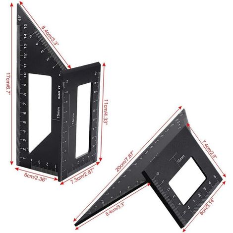 Jauge carrée à 2 dispositions de selle pour le travail du bois, règle en T de mesure d'angle d'onglet à disposition carrée de 45/45 degrés à 90/45 degrés, alliage d'aluminium (noir) (1/4)