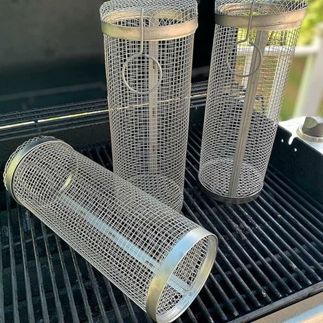 20×9cm Panier à Griller Roulant Grille de Barbecue en Acier Inoxydable avec Panier de Grillage cylindrique pour lémes de Gril extérieur, Frites Accessoires de Cuisson au Gril 3pcs (1/5)