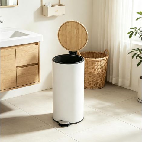 Poubelle de cuisine à pédale 30 L, couvercle en bambou à fermeture douce, bac intérieur amovible, métal blanc, ouverture pratique pour cuisine, salle de bains ou bureau – CHICFURN (1/5)