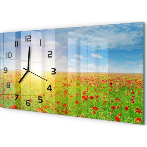 Horloge Murale Panoramique Artistique 60x30 cm Verre Trempé Design Original Champ de coquelicots (1/5)