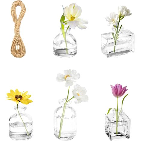 5 Pièces Petit Vase Petite Bouteille en Verre Mini Vase Decoration Table Mariage Transparent Maison Cuisine Salon Bureau Bibliothèque Décoration de Table de Fête avec Corde de Jute (1/5)