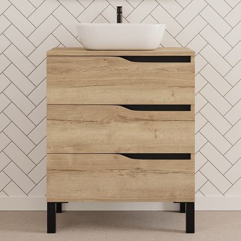 Meuble de salle de bain 60cm avec plateau et vasque à poser zeus - 3 tiroirs - sans miroir - madera miel (chêne clair) - MATA (1/4)