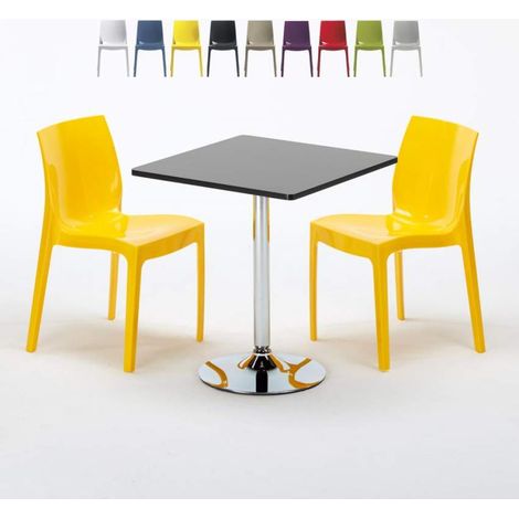 Table Carrée Noire 70x70cm Avec 2 Chaises Colorées Grand Soleil Set Intérieur Bar Café Ice Mojito - Jaune (1/5)
