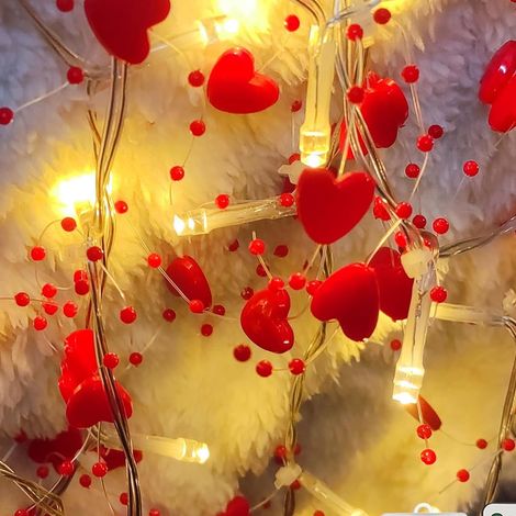 1 Guirlande lumineuse, forme cœur rouge, LED, fil transparent, alimentation piles, décoration Saint-Valentin, mariage, chambre (1/5)