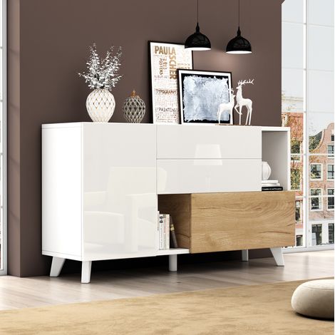 Madia contenitore 130 x 40 x 70 cm bianco lucido e rovere chiaro DESVIAE (1/5)