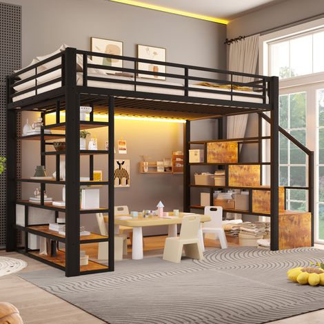 Lit mezzanine 140x200 cm, escalier de rangement, LED, 2 tiroirs tissu, garde-corps, sans matelas, métal et MDF, noir (1/5)