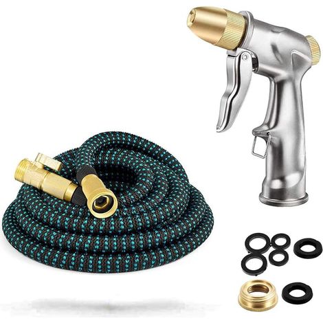 Metal Watering Can Gun, Flexible Retractable Garden Hose, Solid Brass Connector, Flow Control Button, Shut-off Valve (25FT - 7.6FT Contraction) (1/4)