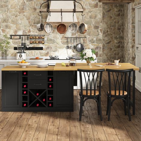Isla de cocina giratoria 360° (120x40x73.8 cm), con almacenaje, botellero extraíble, MDF y metal, negra (1/5)