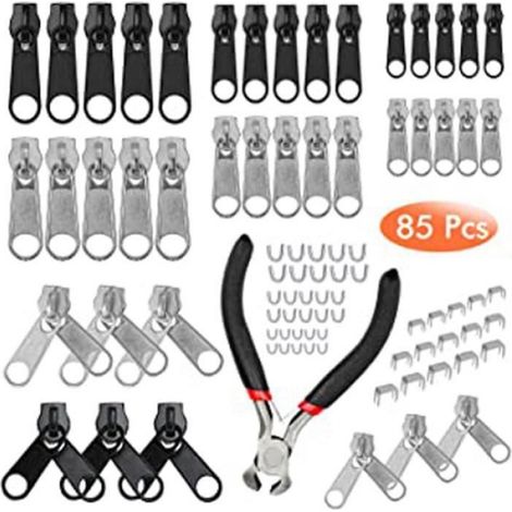 Curseur Fermeture Eclair - Kit Remplacement 85 Pièces avec Pinces Mini - Pour Réparation Vêtements Sac Valise - 3 Tailles 7x9 mm 10x12 mm 11x14 mm