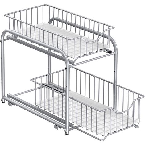 Organiseur de cuisine empilable sous évier – 2 paniers coulissants réglables – Rangement sous lavabo – Acier argenté – Dimensions 21x36,5x27,2 cm (1/5)