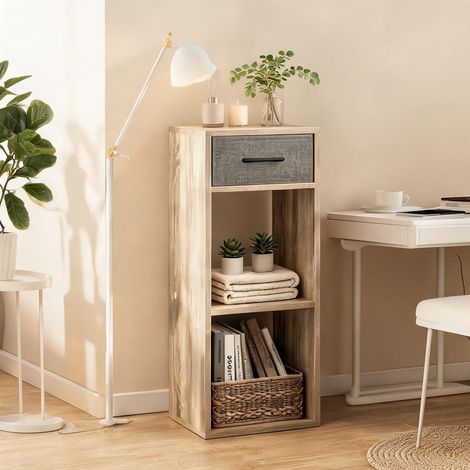 Étagère cube en bois gris et chêne clair avec tiroir (1/5)
