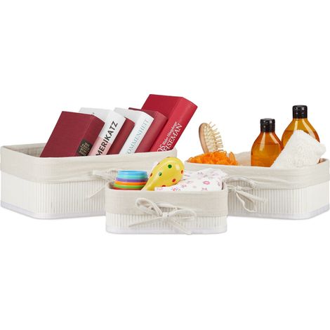 Relaxdays Panier de rangement en bambou et tissu, lot de 3, corbeilles salle de bain, 3 tailles différentes, blanc (1/5)
