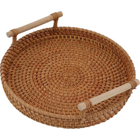 Plateau en rotin avec anses en bois massif, corbeille ronde tressée à la main pour servir, ranger et exposer pain, fruits (1/5)