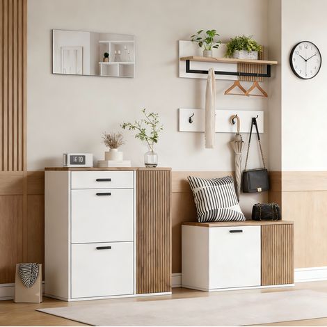 Mueble de recibidor de 5 piezas con zapatero, banco, espejo y 4 ganchos blanco/roble DESVIAE (1/5)
