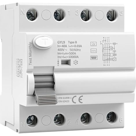 Disjoncteur différentiel 30mA Type B interrupteur différentiel 40A 30mA 3P+N 10kA RCCB disjoncteurs de courant résiduel AC400V convient aux stations de recharge et aux équipements industriels GYL9 (1/5)