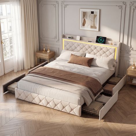 Lit 140x190 cm avec tiroirs, lit capitonné vec bande lumineuse LED et chargement USB, lit Double, Lits de Rangement–Sommier à lattes (1/5)