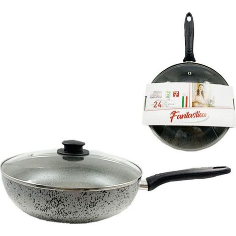 TrAdE Shop Traesio - Padella Alta Antiaderente Antigraffio A 7 Strati Con Coperchio In Vetro Manico Da 24-28cm - -24 cm -