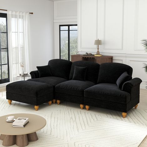 Divano angolare 3 posti in chenille nera con pouf mobile e gonna removibile, stile modulare