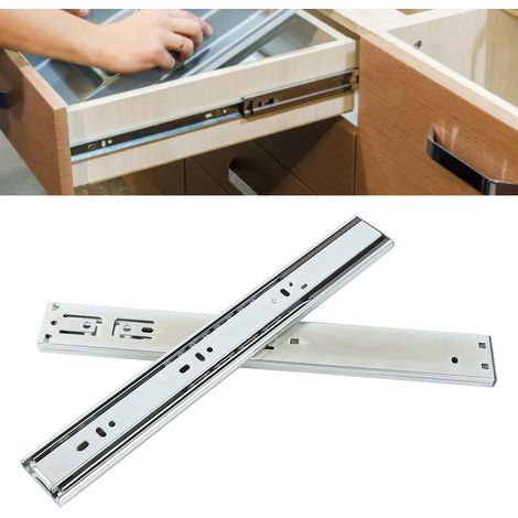 Guías para cajones laterales de 35,5 cm de largo con función de cierre suave y doble amortiguación de resorte, fabricadas en acero laminado en frío para un funcionamiento silencioso y fluido. (1/5)