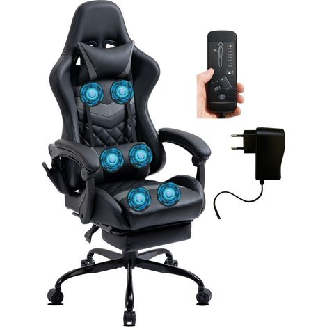 Chaise Gaming similicuir repose-pieds massage 6 points gris