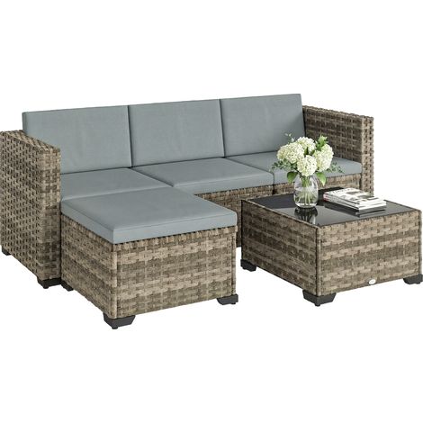 Set arredo giardino in vimino 5 pezzi con cuscini: 2 poltrone d'angolo, 1 poltrona senza braccioli, 1 pouf e 1 tavolo