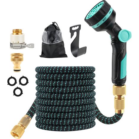 Kit tuyau extensible auto-rétractable 15 m bleu lac + pistolet de jardin haute pression pour lavage auto et arrosage (1/5)