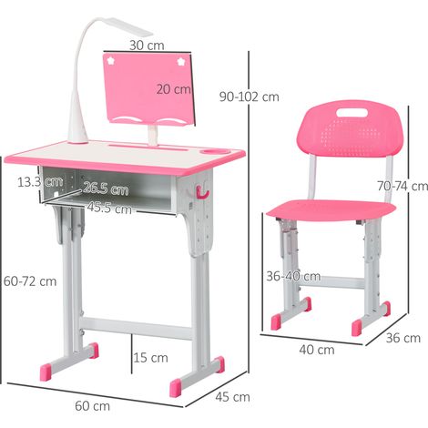 Bureau enfant réglable en hauteur (pour les 6-12 ans, avec bibliothèque et étagère), en acier et MDF, rose (1/5)
