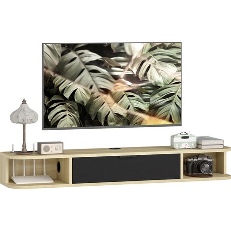Mueble de TV mural de 120 cm, soporte para televisores de hasta 50 pulgadas, cajón abatible, 2 estantes, 120 x 24 x 16 cm, negro (1/5)