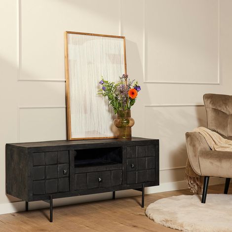 Petit meuble TV bois noir 2 portes décor damier UDA