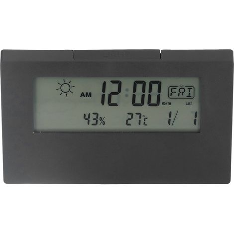 Digitaler Wecker mit Schlummerfunktion, LCD-Anzeige von Uhrzeit, Datum, Temperatur und Luftfeuchtigkeit, elektronischer Nachttischwecker mit Beleuchtung, schwarz. (1/5)