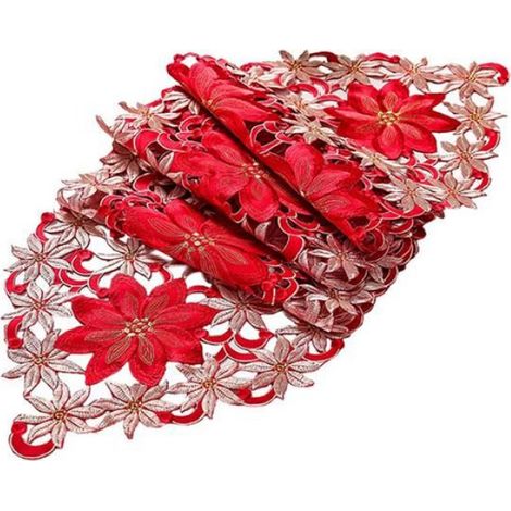 Chemins De Table - Noël Brodé Poinsettia Houx - 39 x 150 cm - Blanc Rouge - 1 Pièce (1/5)