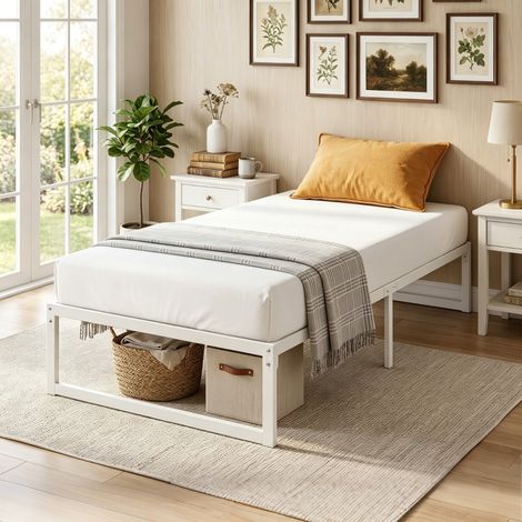 Lit coffre rangement sommier lattes métal 90x200 cm blanc (1/5)
