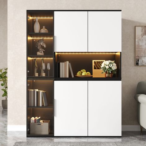 Buffet haute LED 120x40x160 cm avec portes vitrées Vitrine haute avec rangements ouverts et fermés MDF Blanc et Noir (1/5)
