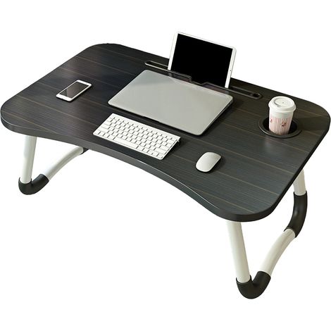 Table d'ordinateur portable pliante noire, table de lit pliante avec porte-gobelet, idéale pour les étudiants en résidence universitaire ou les enfants, rayures noires et dorées. (1/5)