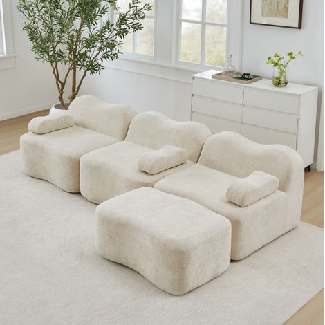 FloraGrace Canapé d angle modulable 3 places, velours beige, assise profonde, pouf, sans montage (1/5)