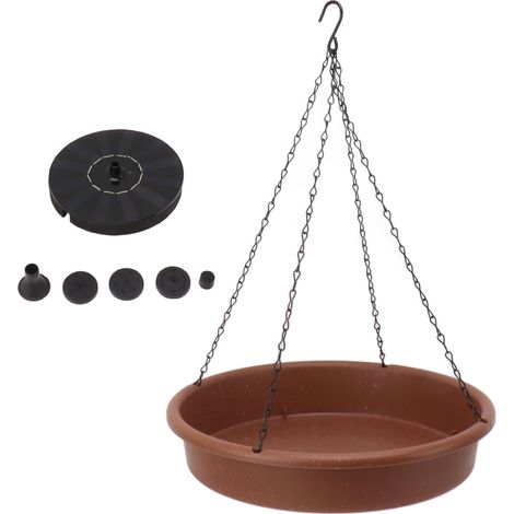 Bain d'oiseaux solaire avec pompe de fontaine, bol métallique suspendu pour terrasse, jardin et cour extérieure. (1/5)