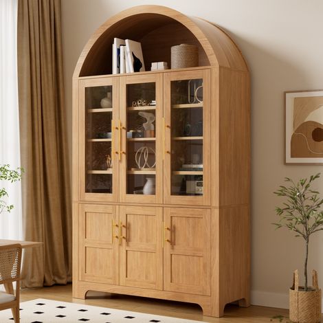 Buffet haut vaisselier 185 cm, meuble de rangement en arche, 3 portes en verre et étagères, style vintage, pour salon, salle à manger, couleur chêne (1/5)