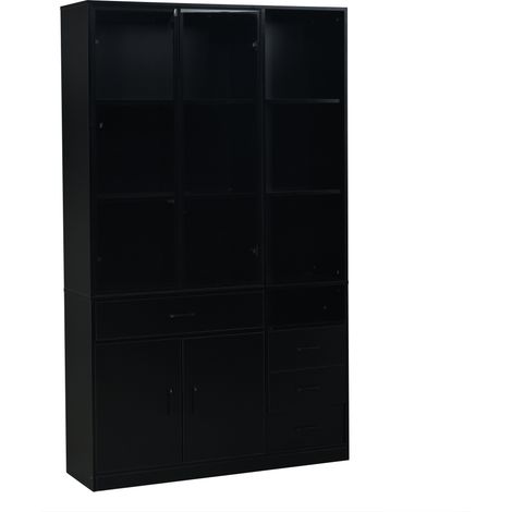 Colonne de rangement noire avec vitrine en verre et LED, 120x35x200 cm, 4 tiroirs et 13 espaces de stockage (1/5)