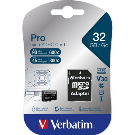 Verbatim microSDXC Pro Speicherkarte UHS-I U3, hohe Geschwindigkeit und Kapazität, inkl. Adapter 32 GB (1/2)