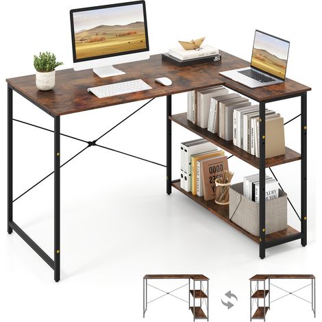 COSTWAY L-shaped Computer Desk Reversible Corner Desk w/Adjustable Shelf-Coffee (1/5)