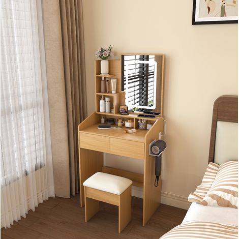 Tocador LED con espejo, enchufe, soporte para secador y taburete acolchado HAVRYA (1/5)