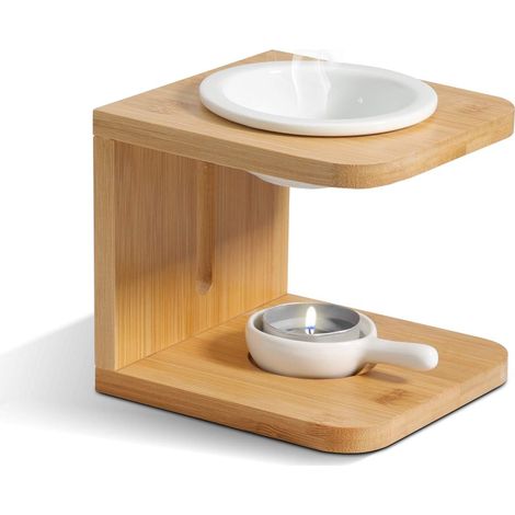 Lampe à parfum en bois JeiibrZui - Bol en céramique 70 ml - Avec cuillère à café et supports - Pour huiles essentielles et cire - Idéale pour le salon, la chambre et le yoga (1/5)