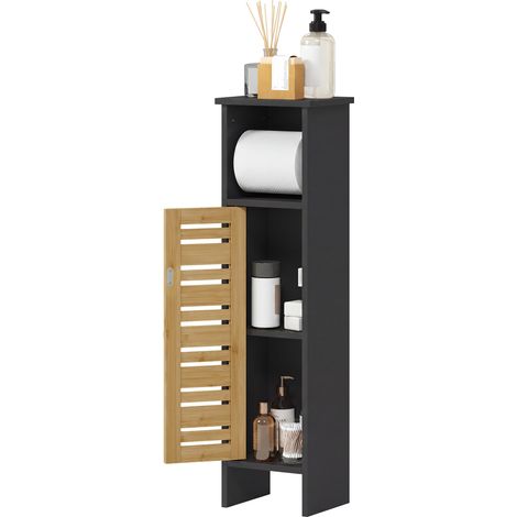 Meuble de salle de bain avec support papier toilette barre amovible 3 Niveaux + Sortie Papier, 78H cm, Bambou noir (1/5)