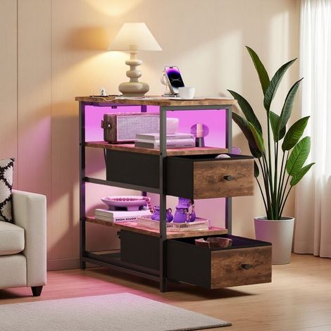 LED-Beistelltisch, 58x28x60.5cm, Industriedesign, Konsolentisch, 2 Schubladen, Couchtisch, Beistelltisch, Nachttisch