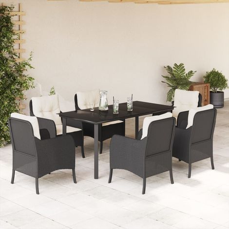 Set de comedor de jardín 7 pzas y cojines ratán sintético negro (1/5)