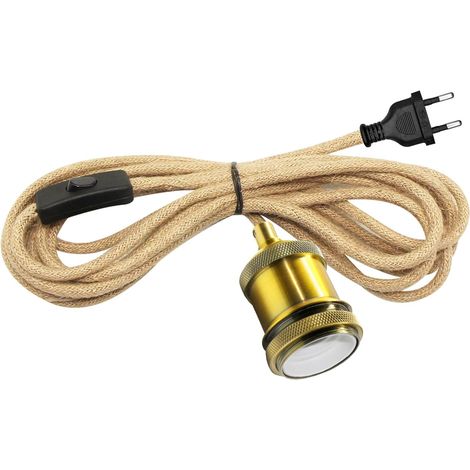 1 Lustre Corde Chanvre, Douille E27, Câble 500CM, Interrupteur Intégré, Tête Bois Vintage, Style Industriel, Salon Chambre