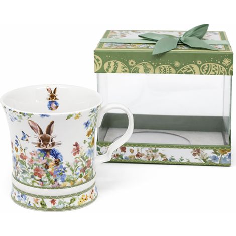Taza de porcelana de 350 ml con diseño de conejito de Pascua y flores en caja de regalo (1/5)