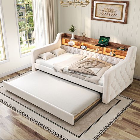 MEUBLIV Bett 90x190 cm beige – Schlafsofa mit LED und USB-C, ohne Matratze (1/5)